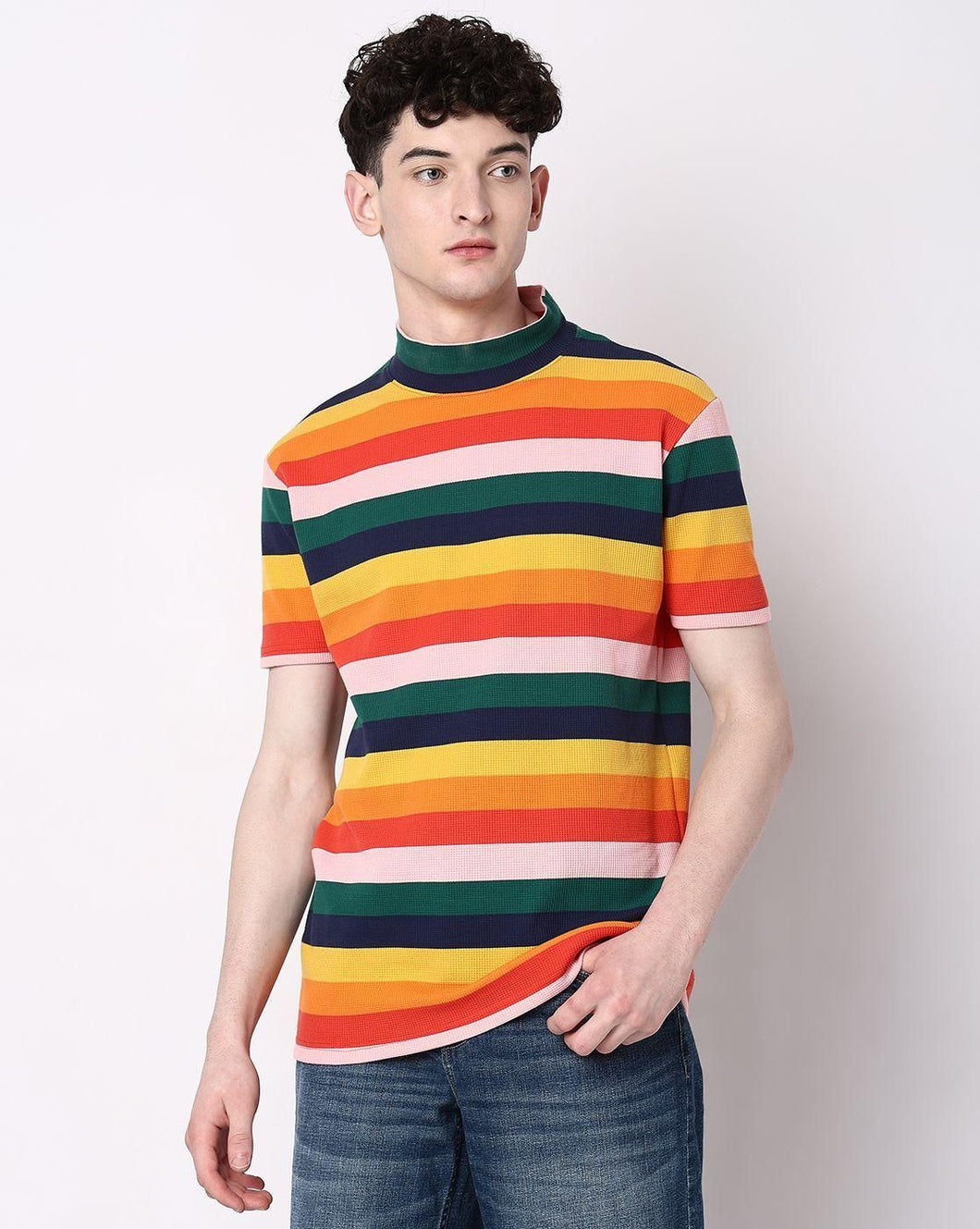 7 Shores Cotton Stripes Half Sleeves Round Neck Mens T-Shirt