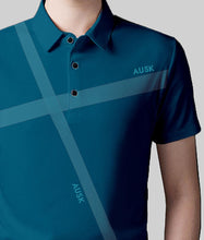 Load image into Gallery viewer, Ausk Men Printed Polo Neck Cotton Blend Teal T-Shirt
