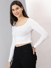 Load image into Gallery viewer, AUSK Women&#39;s  Solid Scoop Neck Full Sleeve Crop Top
