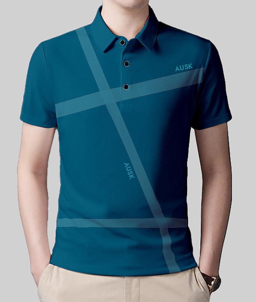 Ausk Men Printed Polo Neck Cotton Blend Teal T-Shirt