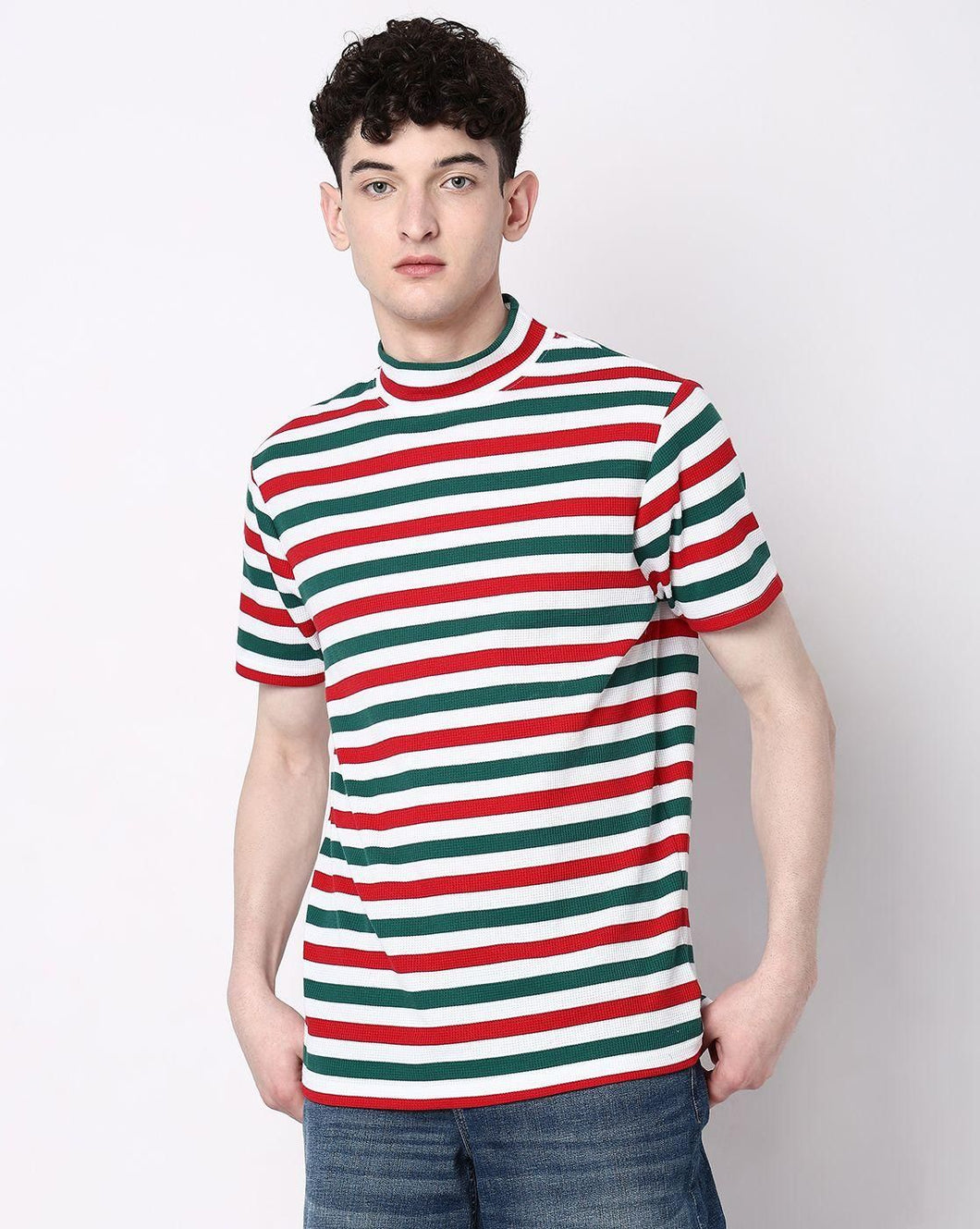 7 Shores Cotton Stripes Half Sleeves Round Neck Mens T-Shirt