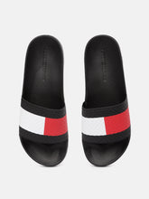 Load image into Gallery viewer, 767b5020-29b4-45b4-8874-213bcc7f70b71626350125194-Tommy-Hilfiger-Men-Black-Red-Colourblocked-Sliders-66416263-1.jpg
